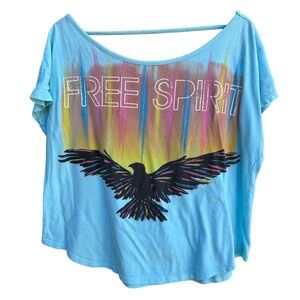 Free Spirit Blue Graphic Tee Raven Bird Print Junior XXL V-Back Strap JT13771
